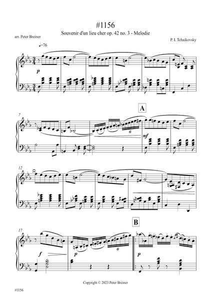Pyotr Ilyich Tchaikovsky: Mélodie, from Souvenir d'un lieu cher Op. 42 No. 3 (arranged for piano by Peter Breiner) (PB210)