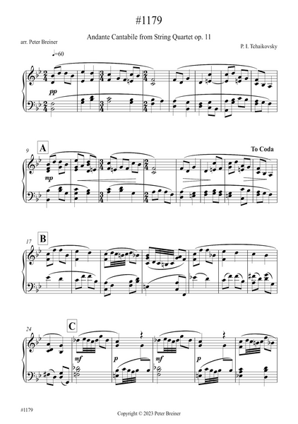 Pyotr Ilyich Tchaikovsky: Andante Cantabile from String Quartet Op.11 (arranged for piano by Peter Breiner) (PB189)