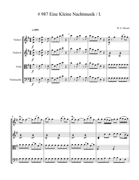 Wolfgang Amadeus Mozart: Eine Kleine Nachtmusik (1st movement) – Arrangement for String Quartet by Peter Breiner (PB098)