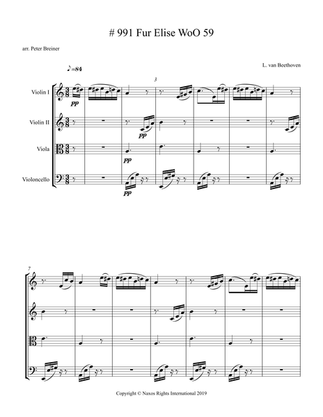 Ludwig van Beethoven: Für Elise, WoO 59 – Arrangement for String Quartet by Peter Breiner (PB102)