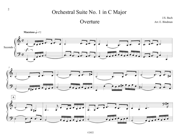 J.S. Bach: Orchestral Suite No. 1 In C Major, BWV 1066 arranged for piano duet by Eleonor Bindman (GPC083)
