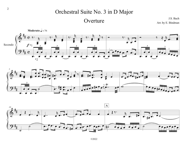 J.S. Bach: Orchestral Suite No. 3 In D Major, BWV 1068 arranged for piano duet by Eleonor Bindman (GPC085)