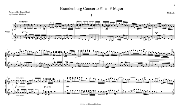 J.S. Bach: Brandenburg Concerto No. 1, BWV 1046 – arranged for piano duet by Eleonor Bindman (GPC038)