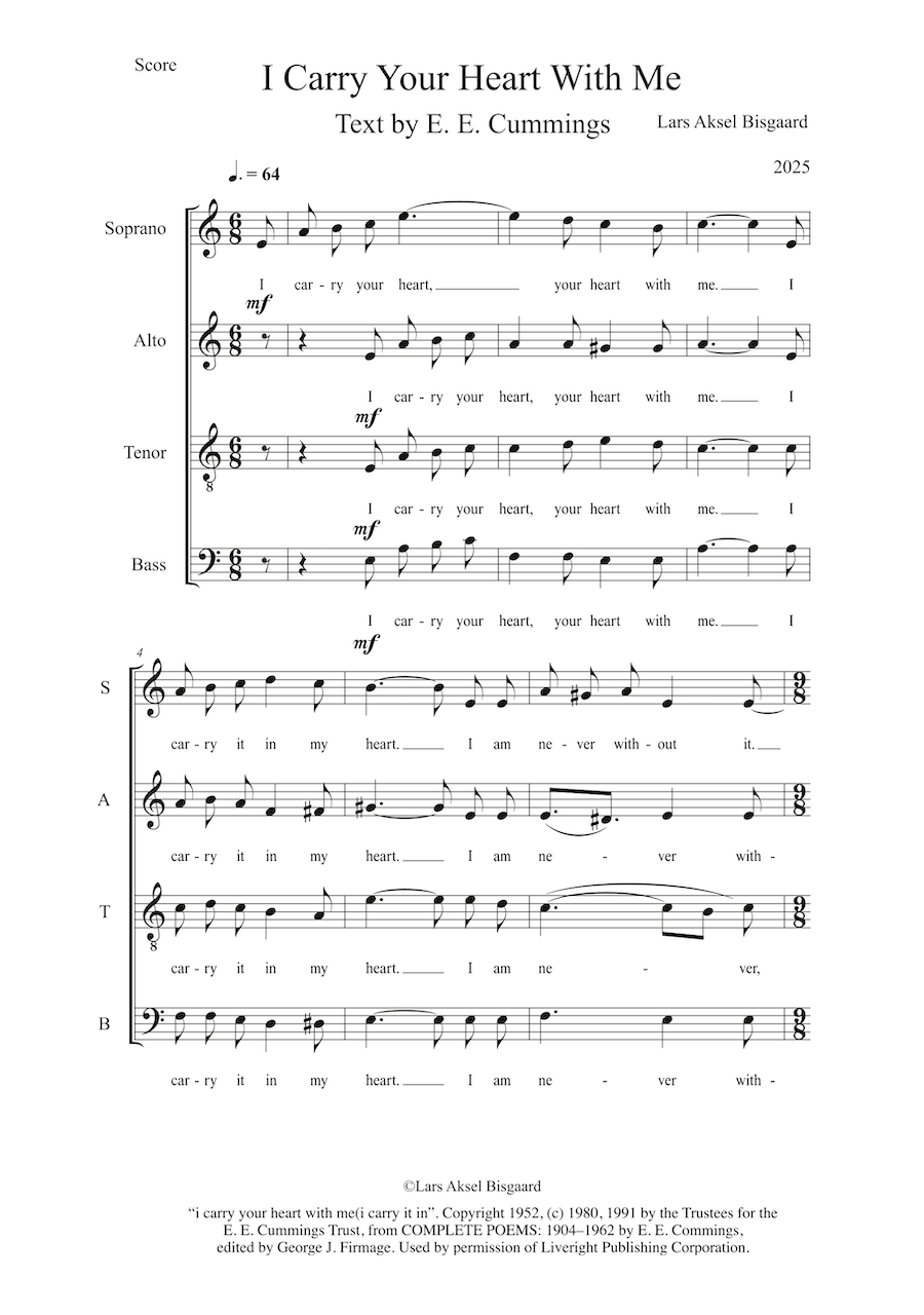 Sheet music for 'I Carry Your Heart With Me' by E.E. Cummings with musical notation.