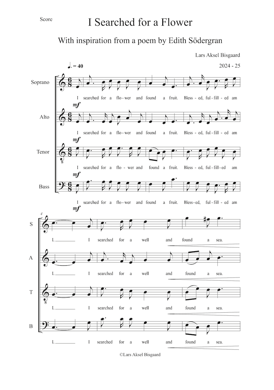 Sheet music for a choral piece titled 'I Searched for a Flower' with text and musical notation.