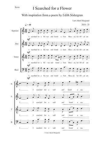 Sheet music for a choral piece titled 'I Searched for a Flower' with text and musical notation.