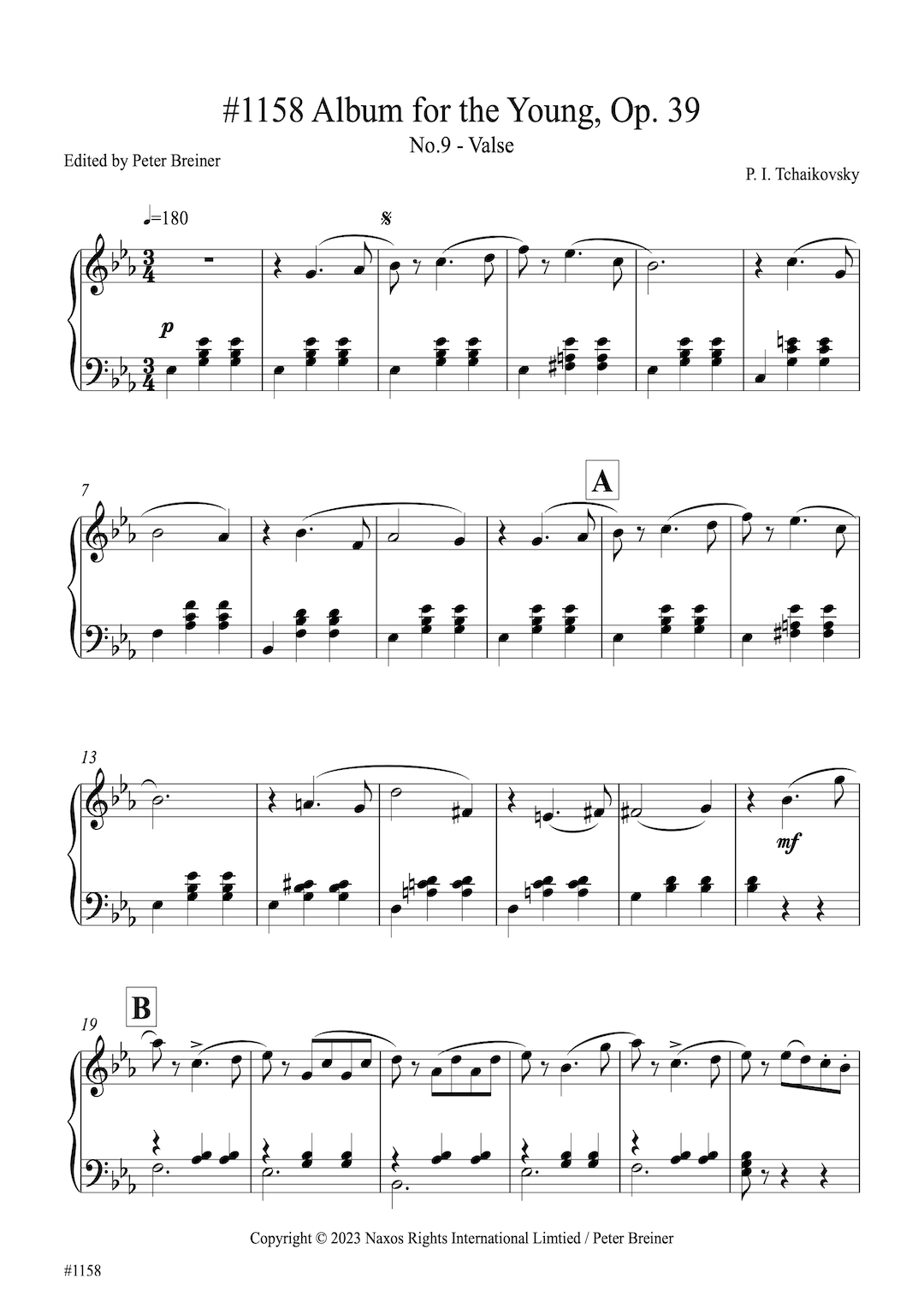 Pyotr Ilyich Tchaikovsky: Valse, from Children's Album Op. 39 No. 9 (edited by Peter Breiner) (PB208)