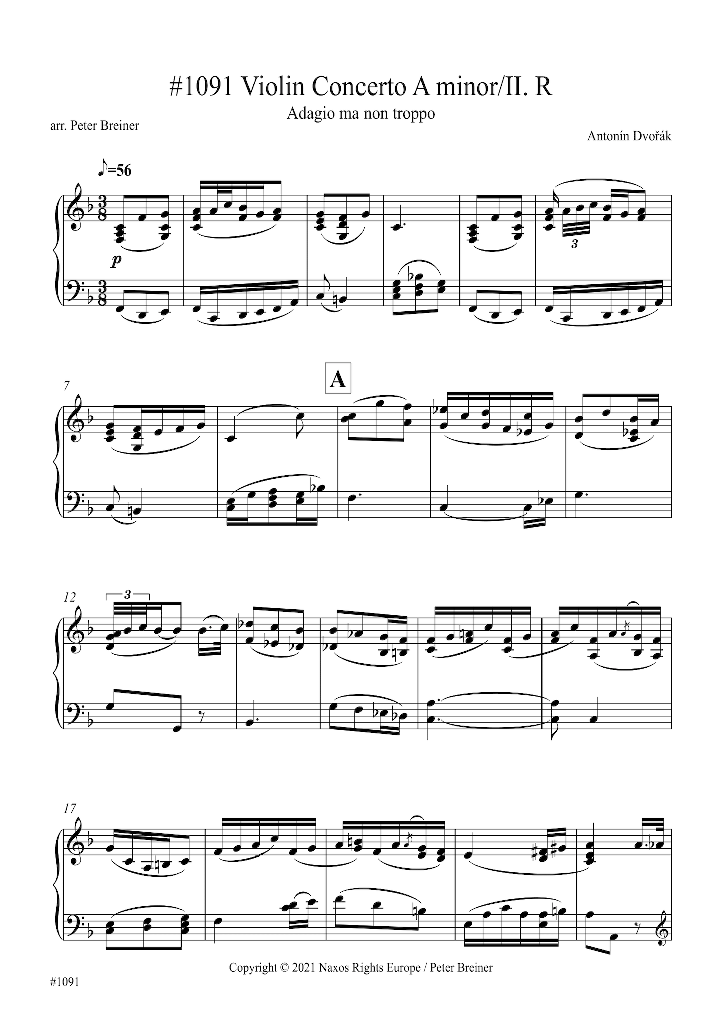 Antonín Dvořák: Adagio ma non troppo, Movt. II of Violin Concerto in A minor (arranged for piano by Peter Breiner) (PB173)