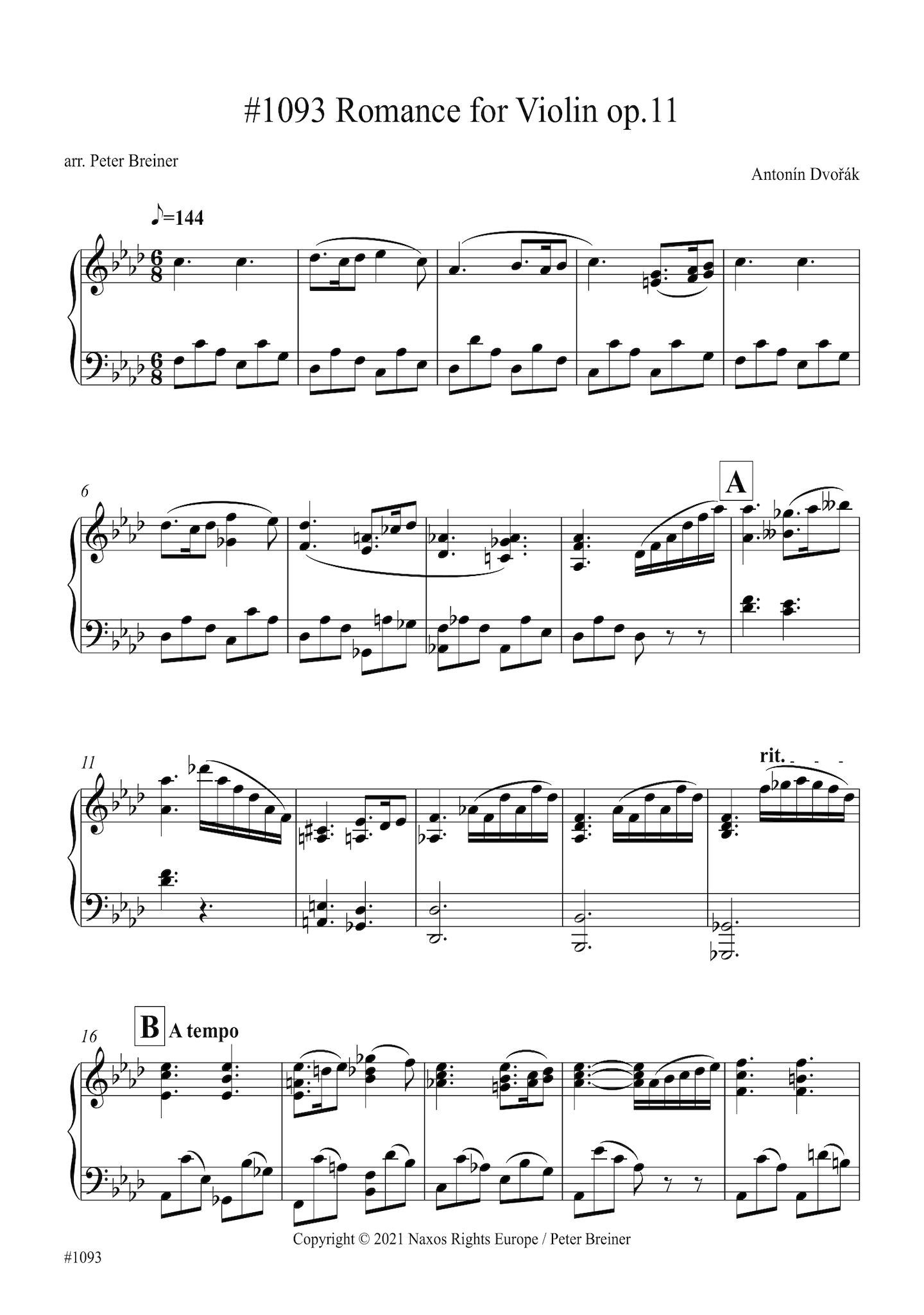 Antonín Dvořák: Romance in F Minor (arranged for piano by Peter Breiner) (PB154)