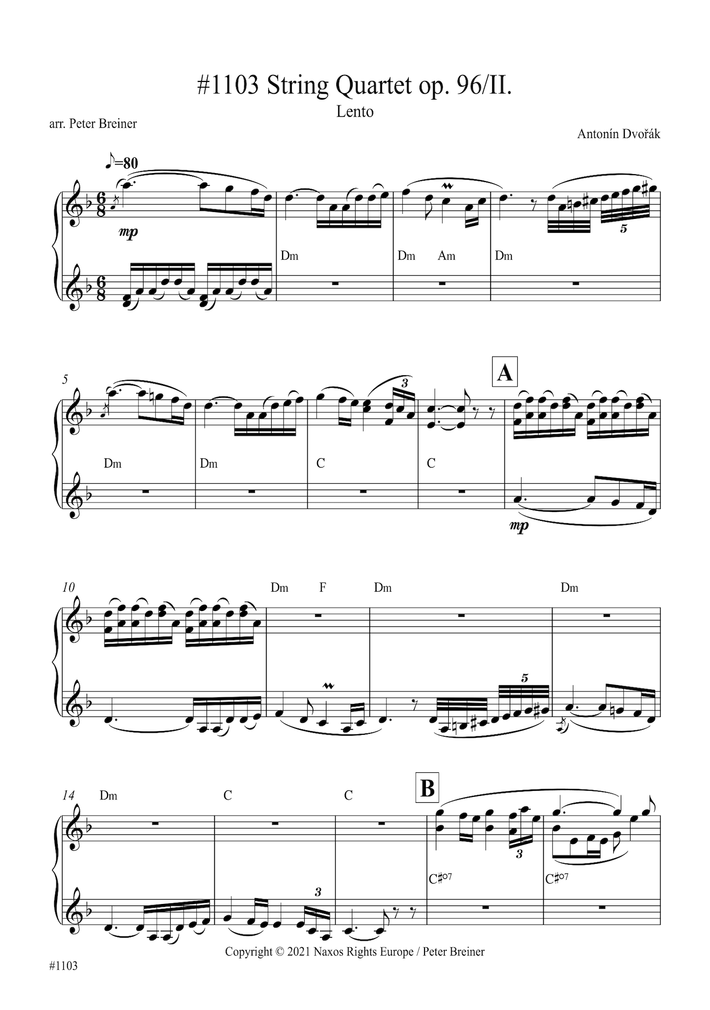 Antonín Dvořák: Lento, Movt. II from String Quartet No. 12 in F Major (American) (arranged for piano by Peter Breiner) (PB176)