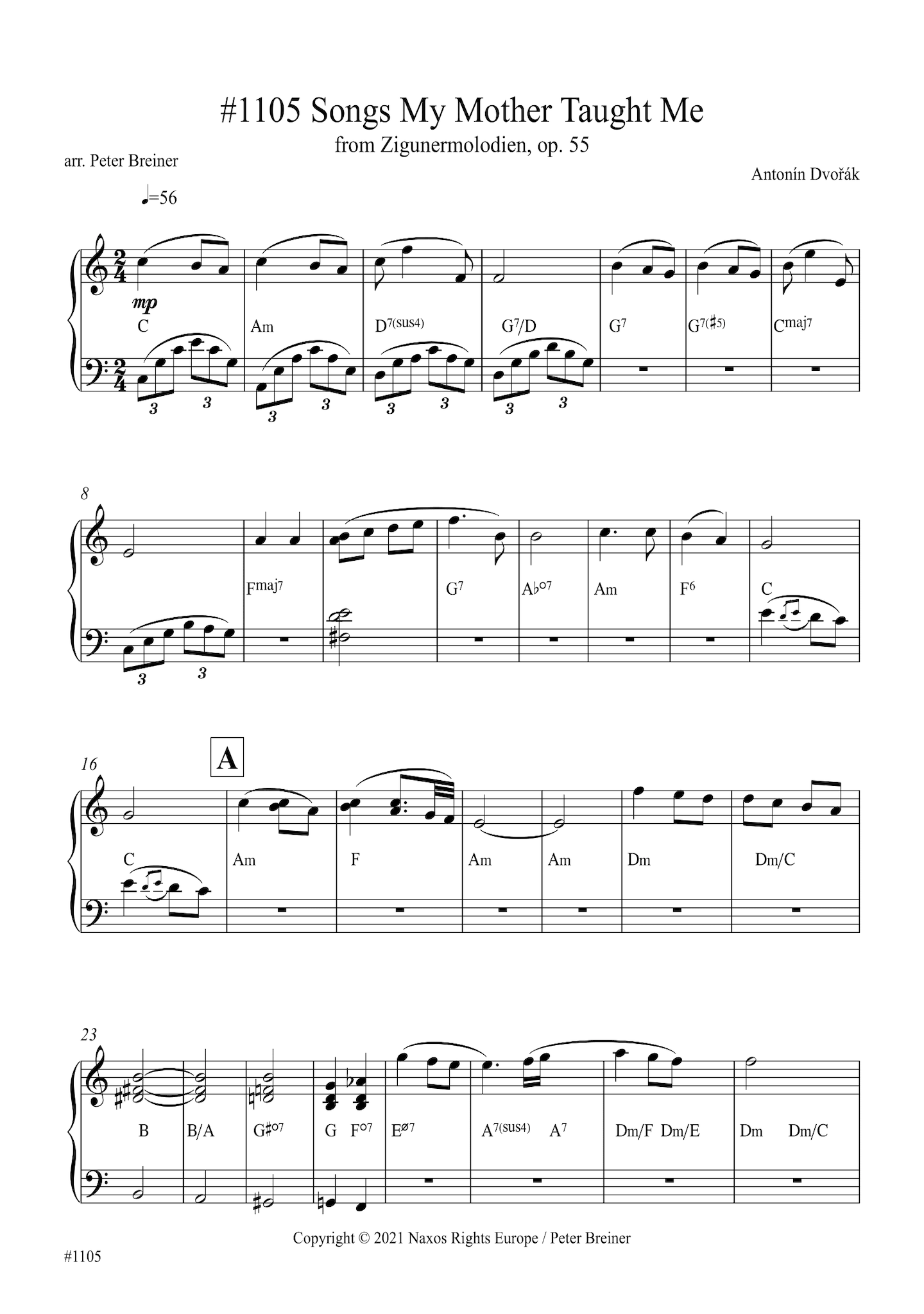 Antonín Dvořák: Als die alte Mutter (Songs my mother Taught Me) from Zigeunermelodien (arranged for piano by Peter Breiner) (PB180)