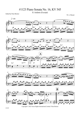 Wolfgang Amadeus Mozart: Excerpt from the 2nd movt. (Andante) of Piano Sonata No. 16, KV 545 (edited by Peter Breiner) (PB234)