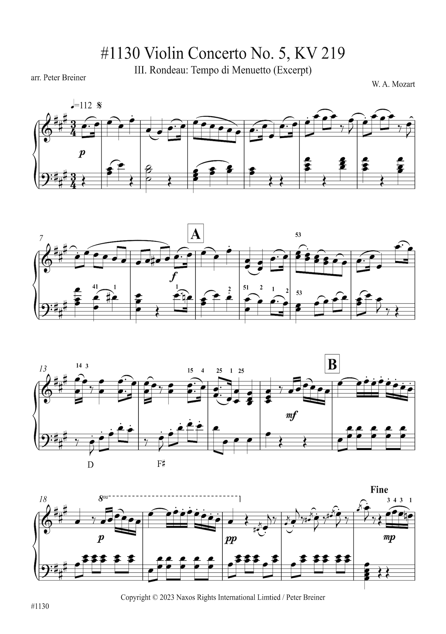 Wolfgang Amadeus Mozart: Excerpt from the 3rd movt. (Rondeau: Tempo di Menuetto) of Violin Concerto KV 219 (arranged for piano by Peter Breiner) (PB227)