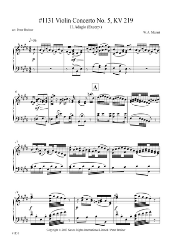 Wolfgang Amadeus Mozart: Excerpt from the 2nd movt. (Adagio) of Violin Concerto KV 219 (arranged for piano by Peter Breiner) (PB226)