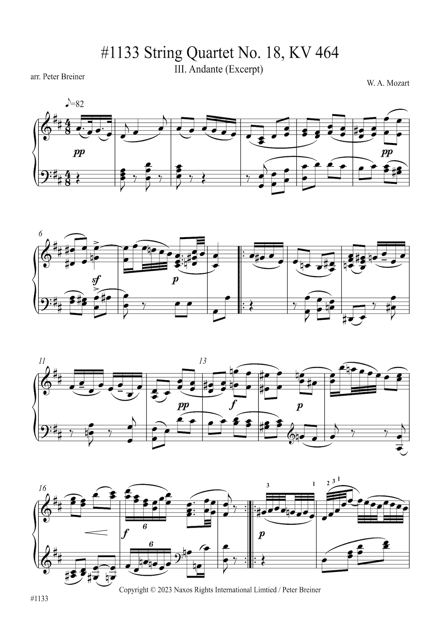 Wolfgang Amadeus Mozart: Excerpt from the 3rd movt. (Andante) of String Quartet KV 464 (arranged for piano by Peter Breiner) (PB224)