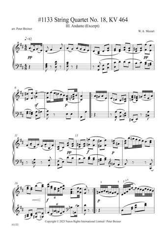 Wolfgang Amadeus Mozart: Excerpt from the 3rd movt. (Andante) of String Quartet KV 464 (arranged for piano by Peter Breiner) (PB224)