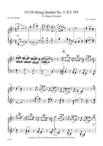 Wolfgang Amadeus Mozart: Excerpt from the 2nd movt. (Adagio) of String Quintet KV 593 (arranged for piano by Peter Breiner) (PB221)