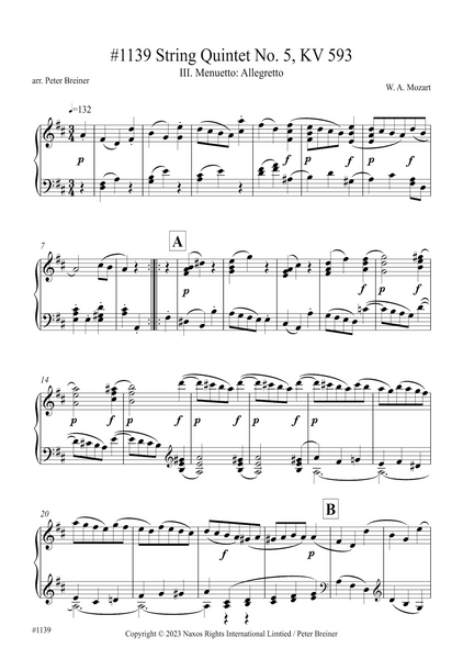 Wolfgang Amadeus Mozart: Menuetto-Allegretto (3rd movt.) from String Quintet KV 593 (arranged for piano by Peter Breiner) (PB220)