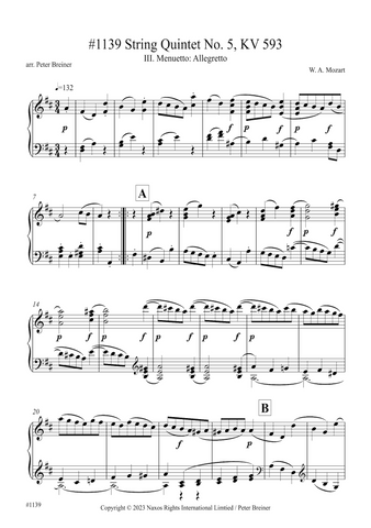 Wolfgang Amadeus Mozart: Menuetto-Allegretto (3rd movt.) from String Quintet KV 593 (arranged for piano by Peter Breiner) (PB220)
