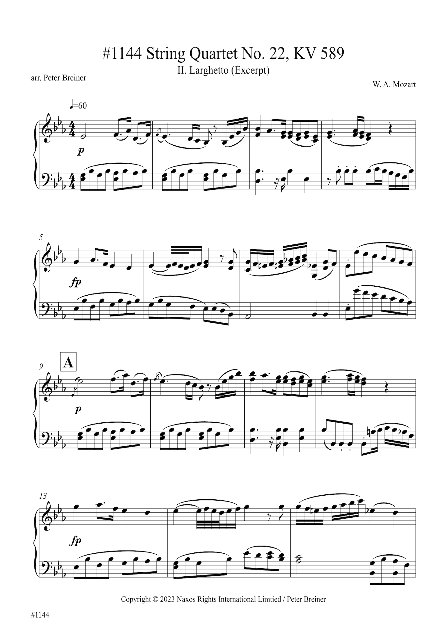 Wolfgang Amadeus Mozart: Excerpt from the 2nd movt. (Larghetto) of String Quartet KV 589 (arranged for piano by Peter Breiner) (PB218)