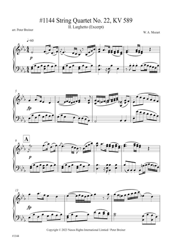 Wolfgang Amadeus Mozart: Excerpt from the 2nd movt. (Larghetto) of String Quartet KV 589 (arranged for piano by Peter Breiner) (PB218)