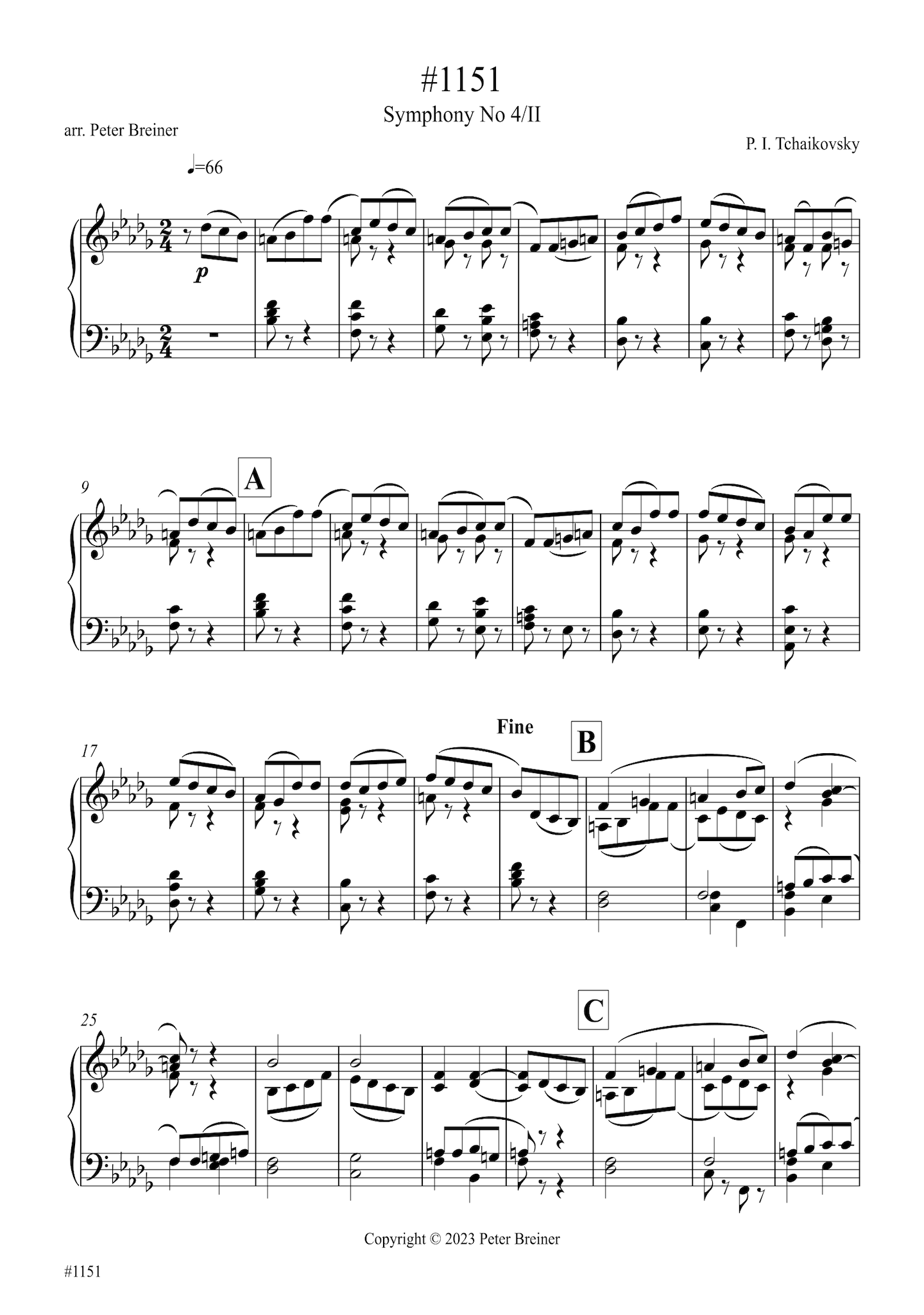 Pyotr Ilyich Tchaikovsky: Excerpt from the 2nd movt. of Symphony No 4 (arranged for piano by Peter Breiner) (PB214)