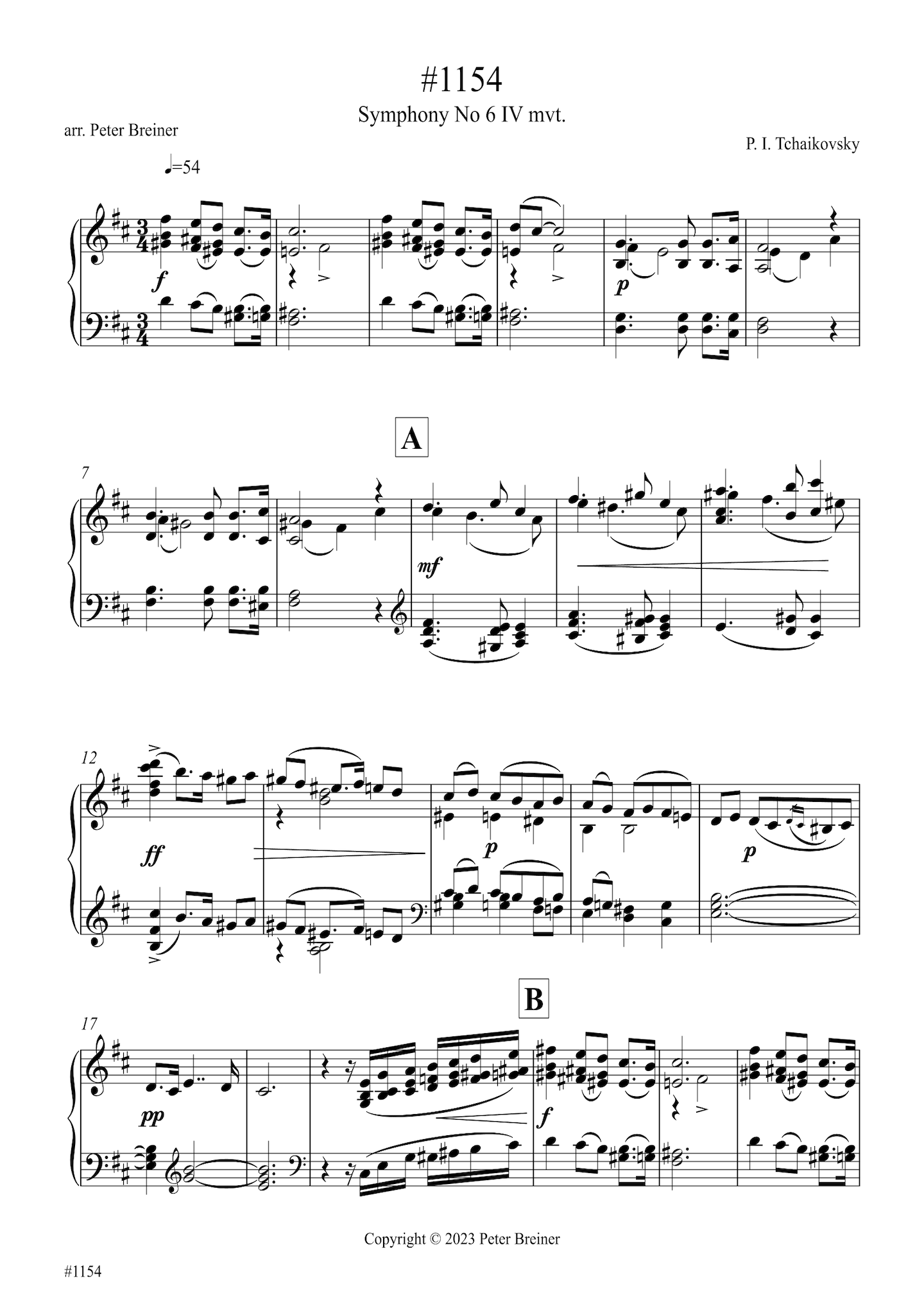 Pyotr Ilyich Tchaikovsky: Excerpt from the 4th movt. of Symphony 6 (arranged for piano by Peter Breiner) (PB212)