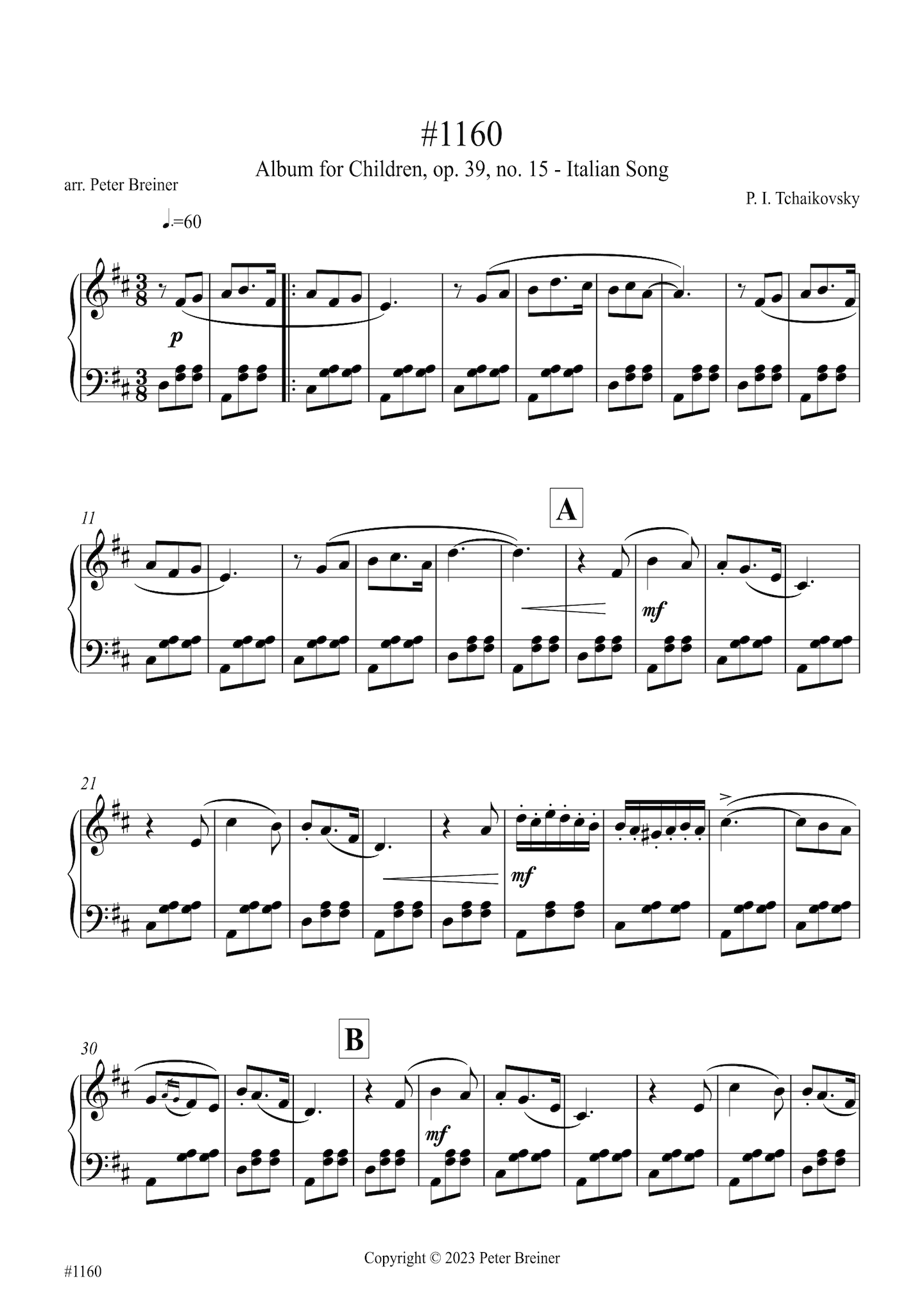 Pyotr Ilyich Tchaikovsky: Italian Song, from Children's Album Op. 39 No. 15 (arranged for piano by Peter Breiner) (PB206)