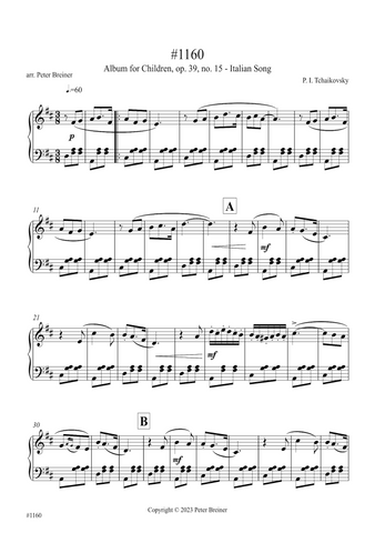 Pyotr Ilyich Tchaikovsky: Italian Song, from Children's Album Op. 39 No. 15 (arranged for piano by Peter Breiner) (PB206)
