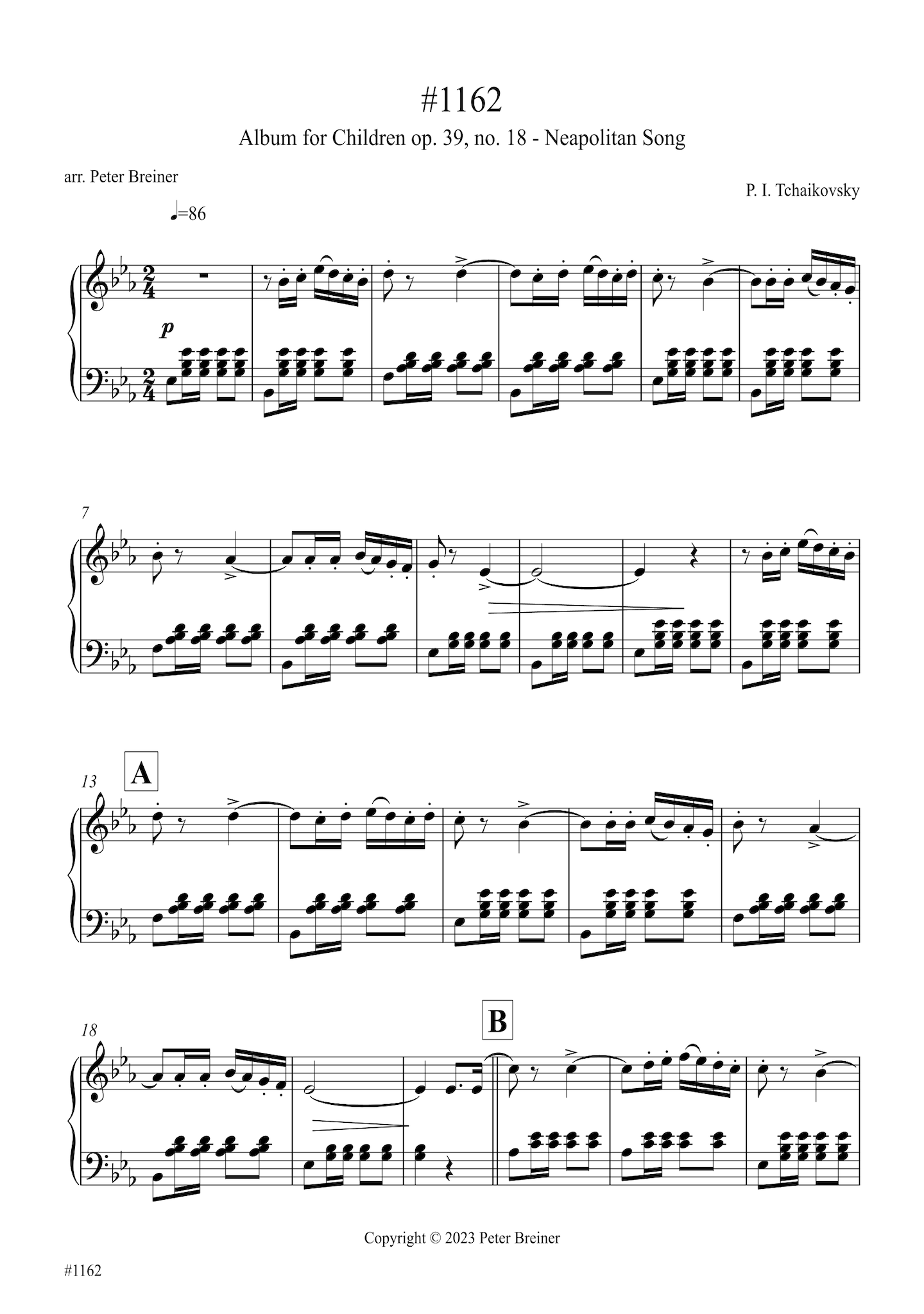 Pyotr Ilyich Tchaikovsky: Neapolitan Song, from Children's Album Op. 39, No. 18 (arranged for piano by Peter Breiner) (PB204)