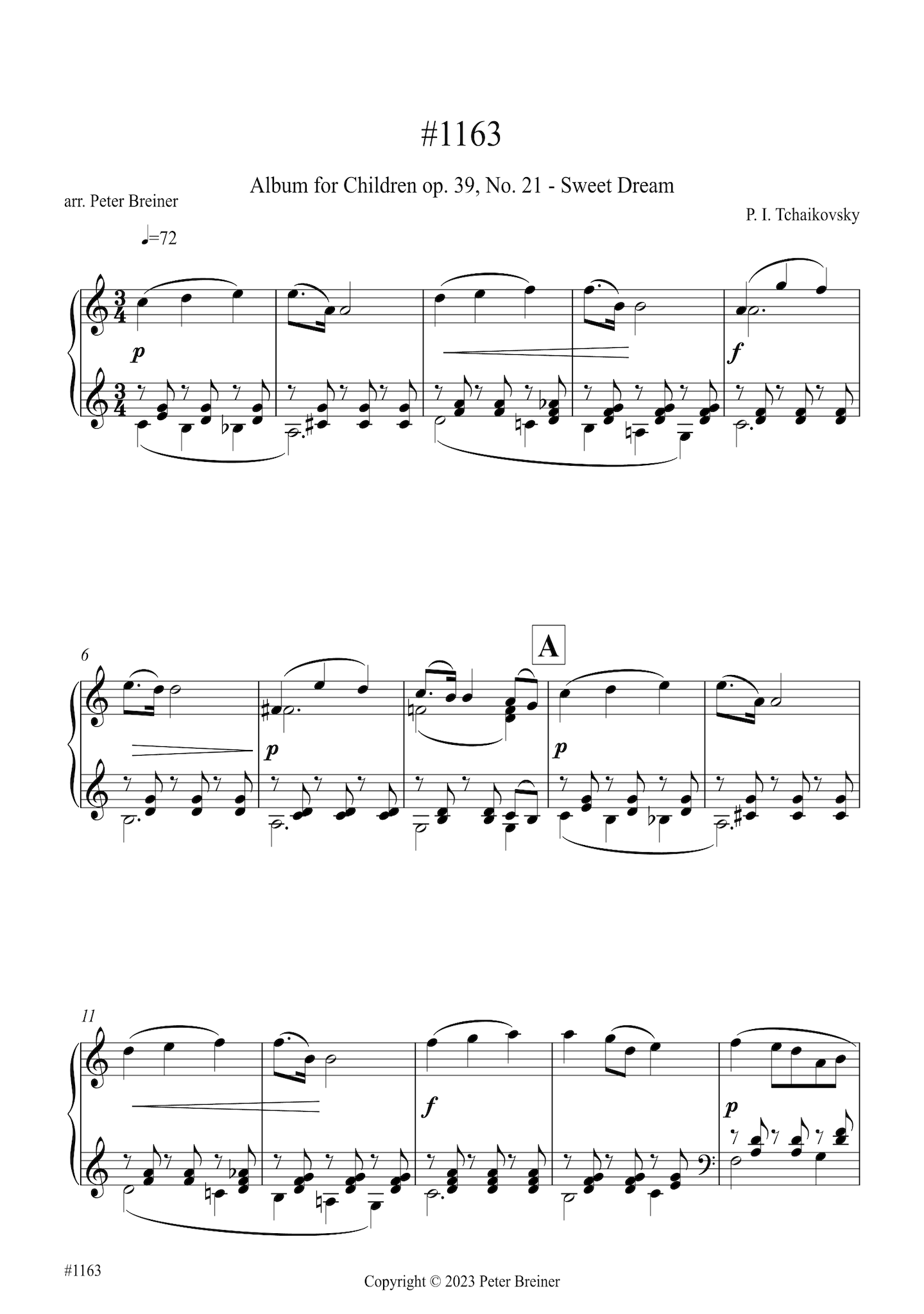 Pyotr Ilyich Tchaikovsky: Sweet Dreams, from Children's Album Op. 39 No. 21 (arranged for piano by Peter Breiner) (PB203)