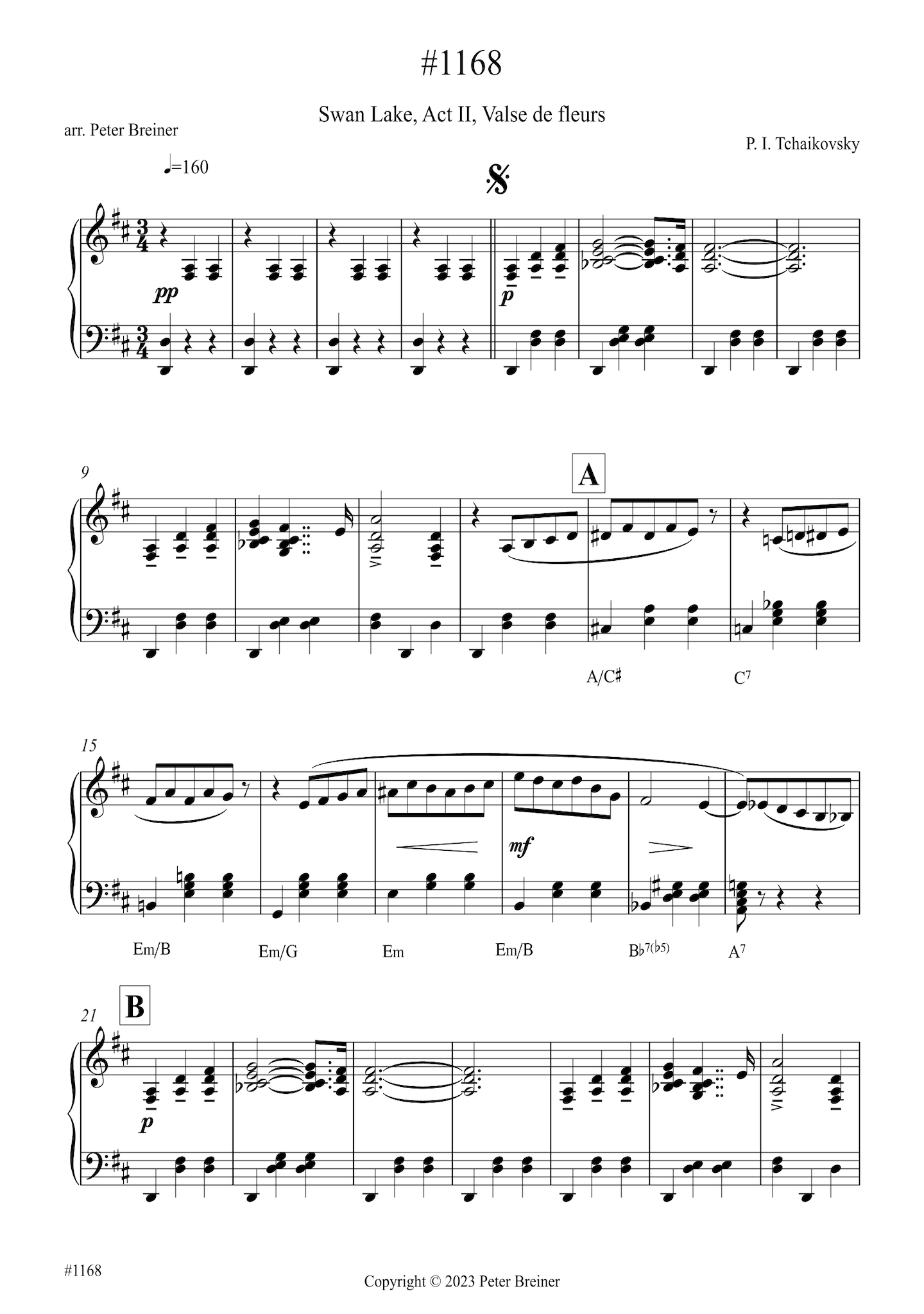 Pyotr Ilyich Tchaikovsky: Valse des fleurs, from The Nutcracker, Act 2 (arranged for piano by Peter Breiner) (PB198)