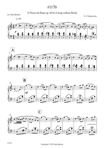 Pyotr Ilyich Tchaikovsky: Song without Words, from 12 Pieces Op. 40 No. 6 (arranged for piano by Peter Breiner) (PB196)