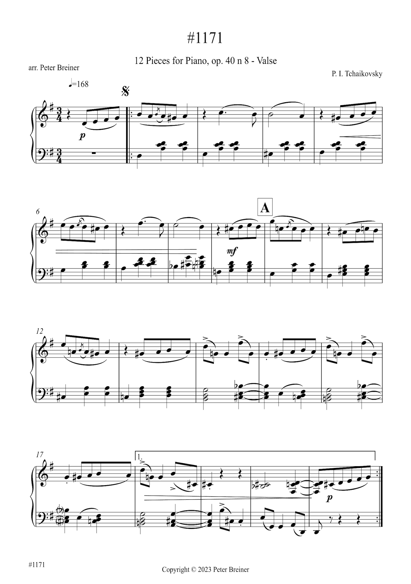 Pyotr Ilyich Tchaikovsky: Valse, from 12 Pieces Op. 40 No. 8 (arranged for piano by Peter Breiner) (PB195)