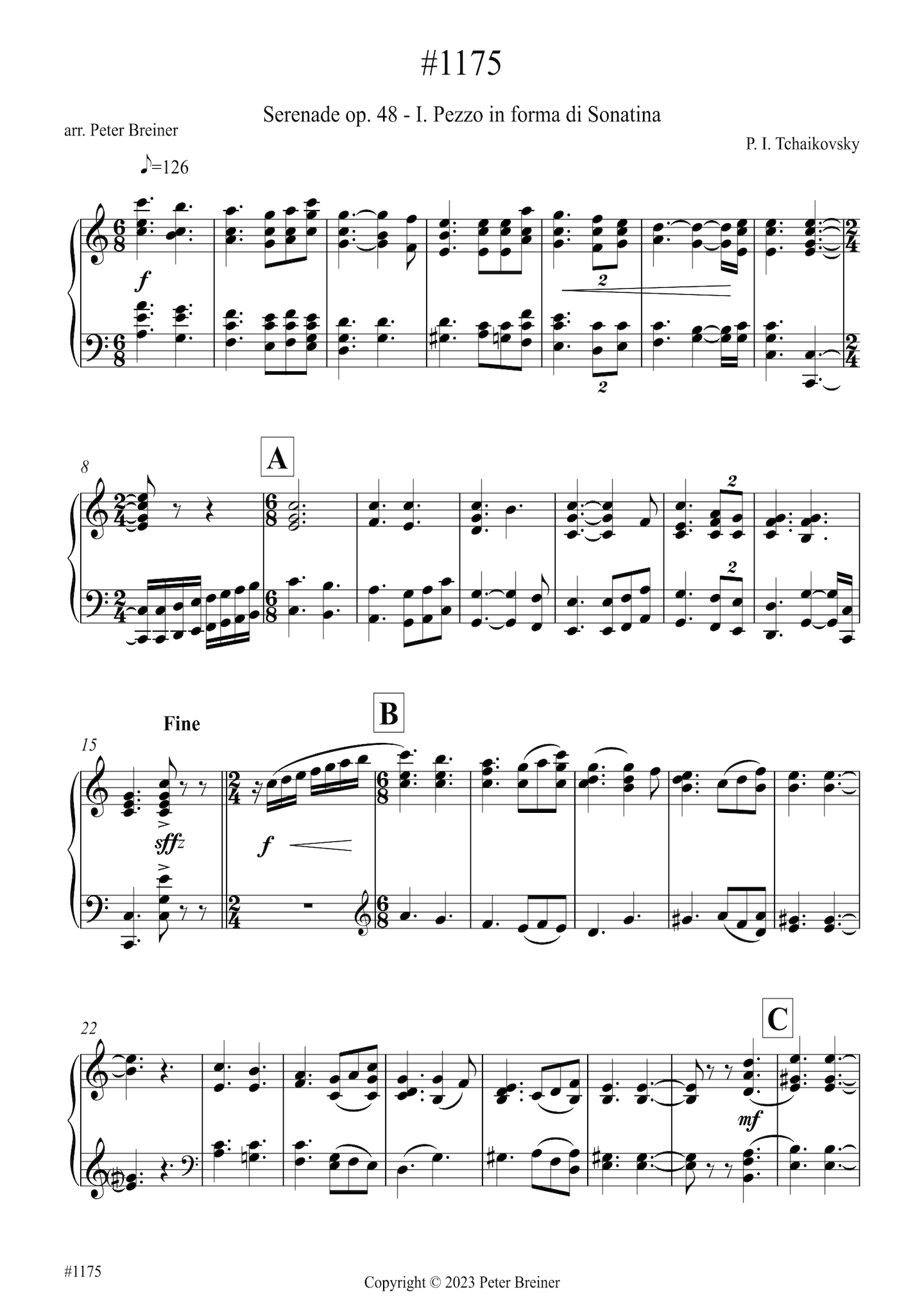Pyotr Ilyich Tchaikovsky: Pezzo in forma di Sonatina, 1st movt. of Serenade op 48 (arranged for piano by Peter Breiner) (PB183)