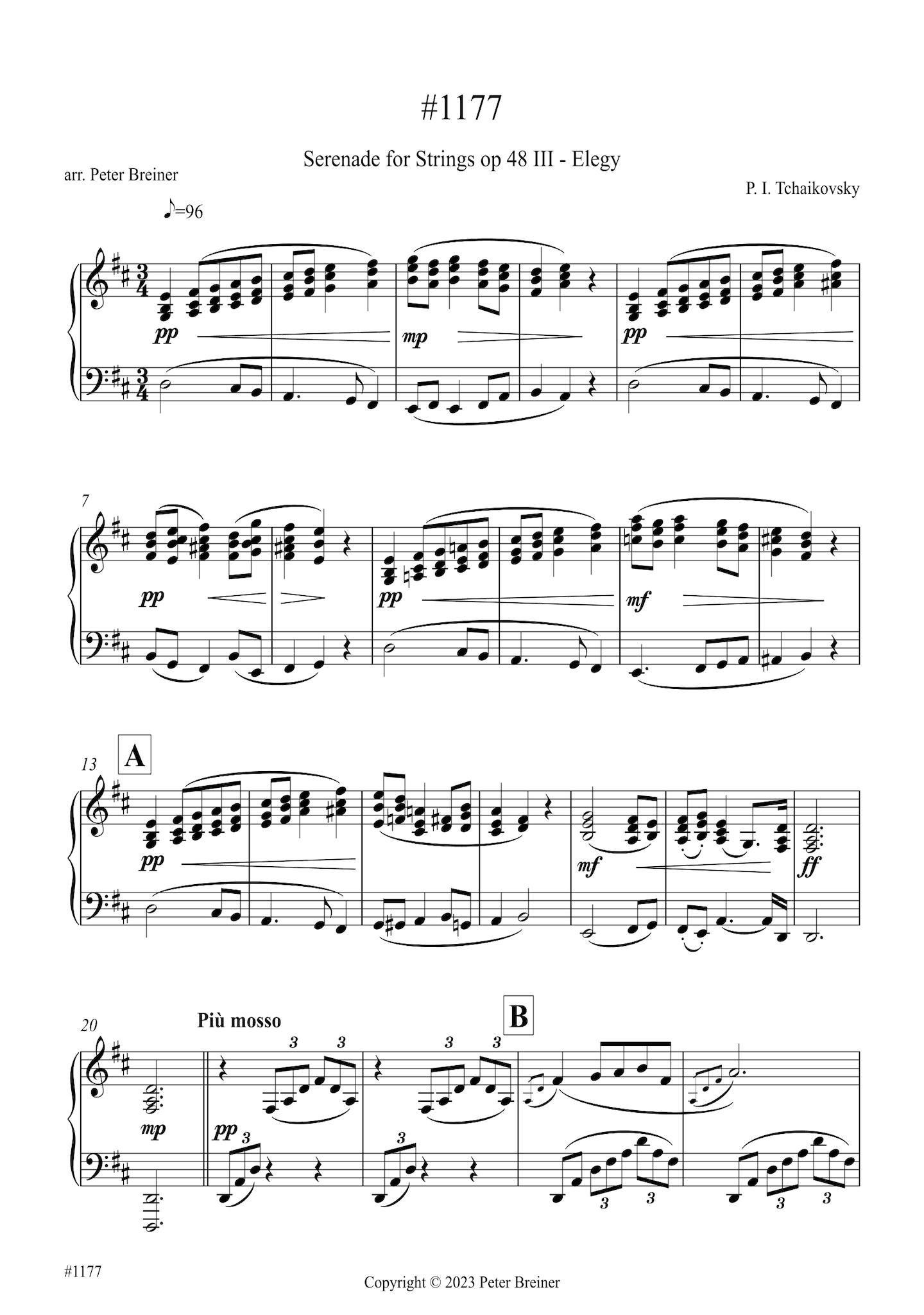 Pyotr Ilyich Tchaikovsky: Elegy, 3rd movt. of Serenade op 48 (arranged for piano by Peter Breiner) (PB191)
