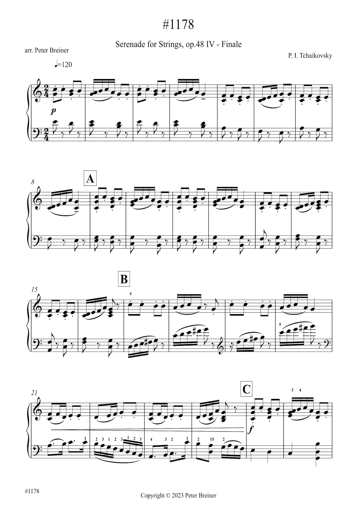 Pyotr Ilyich Tchaikovsky: Finale, 4th movt. of Serenade op 48 (arranged for piano by Peter Breiner) (PB190)
