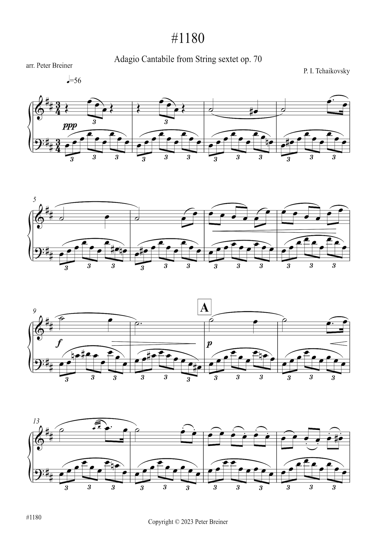 Pyotr Ilyich Tchaikovsky: Adagio Cantabile from String Sextet Op. 70 (arranged for piano by Peter Breiner) (PB188)