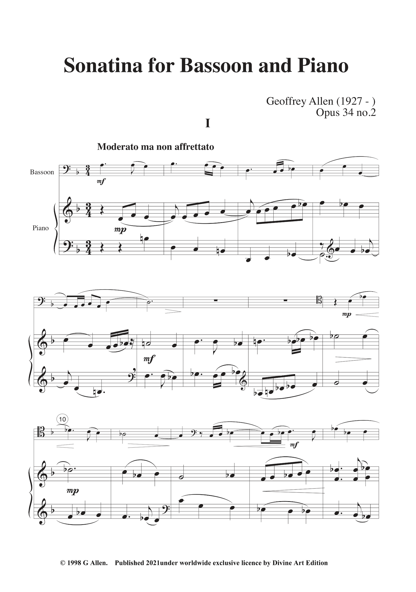 Geoffrey Allen: Sonatina for bassoon and piano, Op. 34 No. 2 EDN80024