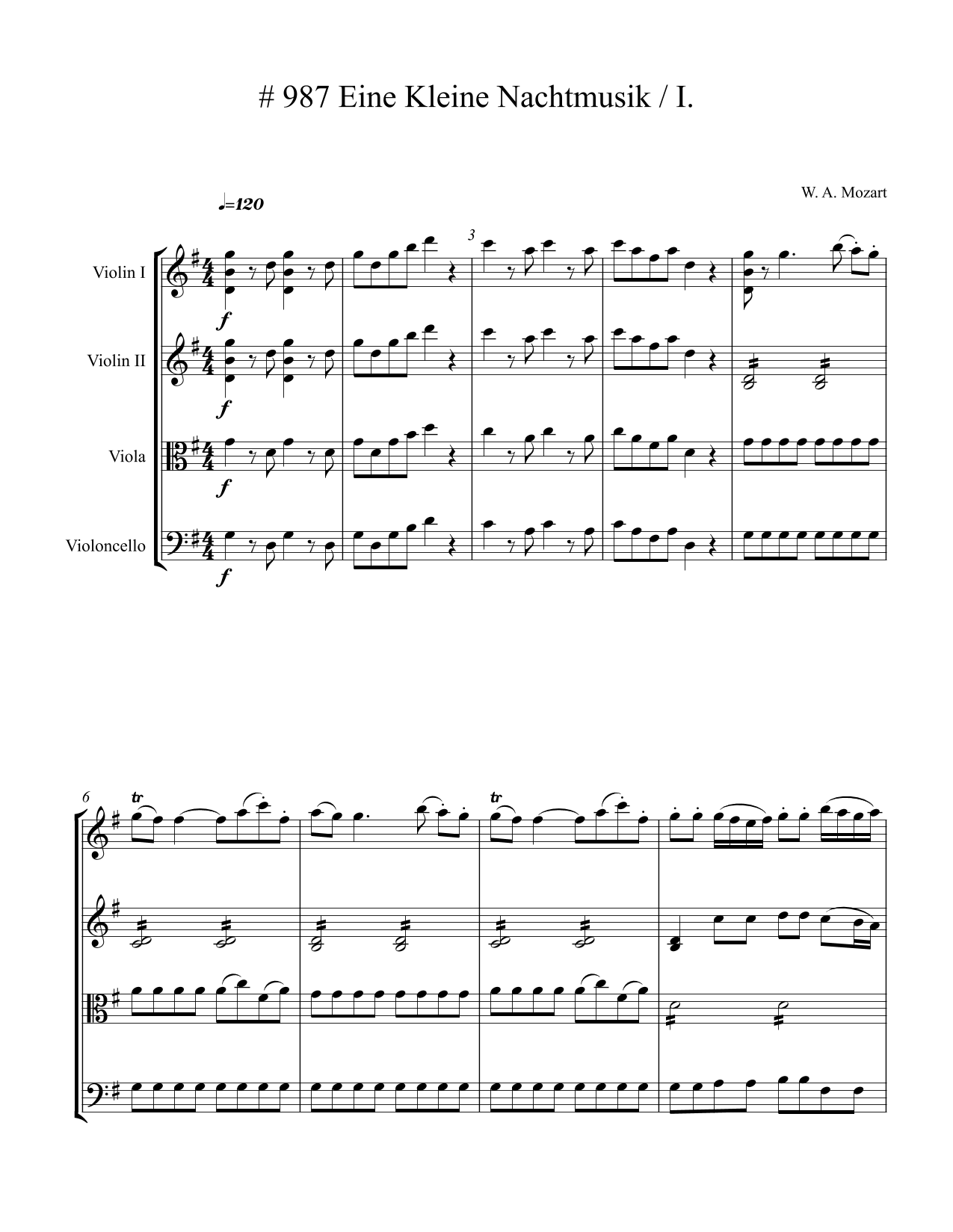 Wolfgang Amadeus Mozart: Eine Kleine Nachtmusik (1st movement) – Arrangement for String Quartet by Peter Breiner (PB098)