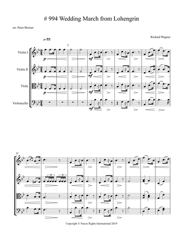 Richard Wagner: Wedding March from Lohengrin – Arrangement for String Quartet by Peter Breiner (PB105)