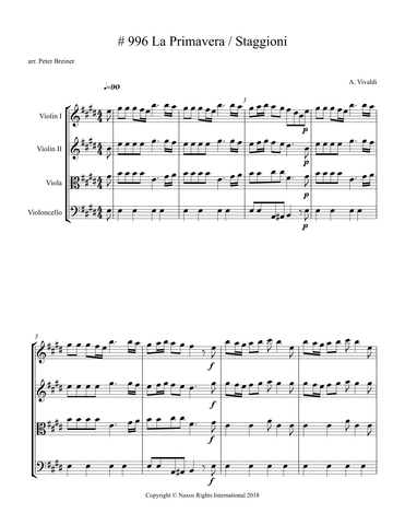 Antonio Vivaldi: La Primavera / Staggioni – Arrangement for String Quartet by Peter Breiner (PB107)