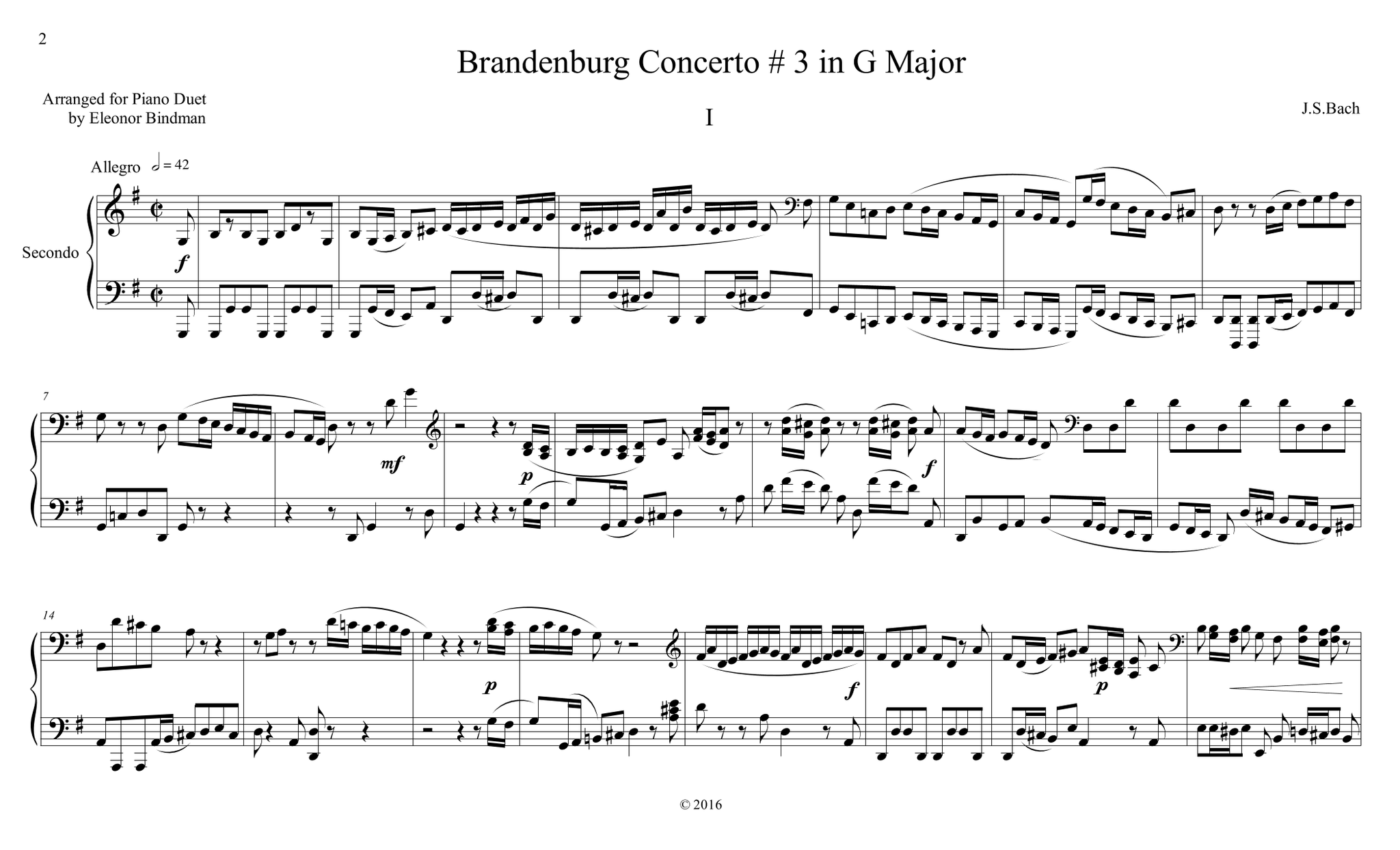 J.S. Bach: Brandenburg Concerto No. 3, BWV 1048 – arranged for piano duet by Eleonor Bindman (GPC040)