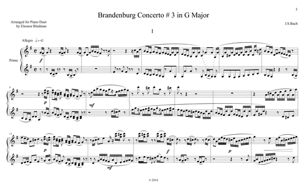 J.S. Bach: Brandenburg Concerto No. 3, BWV 1048 – arranged for piano duet by Eleonor Bindman (GPC040)