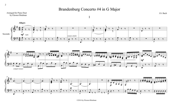 J.S. Bach: Brandenburg Concerto No. 4, BWV 1049 – arranged for piano duet by Eleonor Bindman (GPC041)