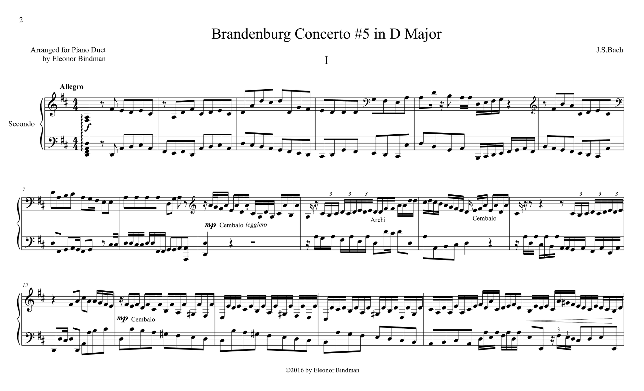 J.S. Bach: Brandenburg Concerto No. 5, BWV 1050 – arranged for piano duet by Eleonor Bindman (GPC042)