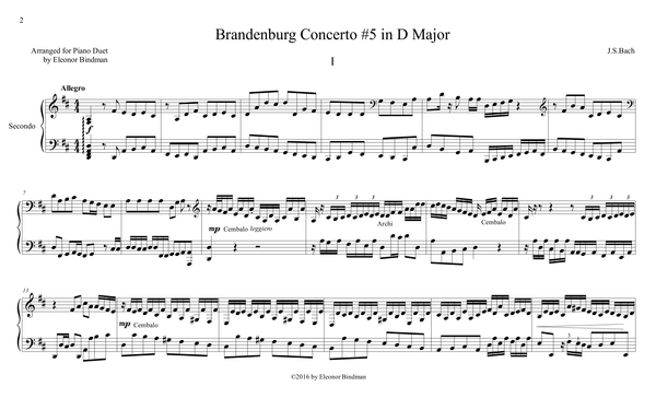 J.S. Bach: Brandenburg Concerto No. 5, BWV 1050 – arranged for piano duet by Eleonor Bindman (GPC042)