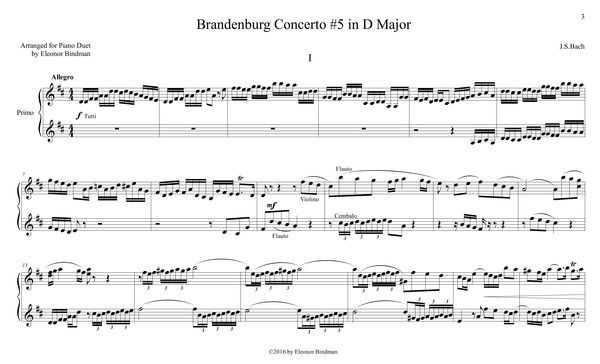 J.S. Bach: Brandenburg Concerto No. 5, BWV 1050 – arranged for piano duet by Eleonor Bindman (GPC042)