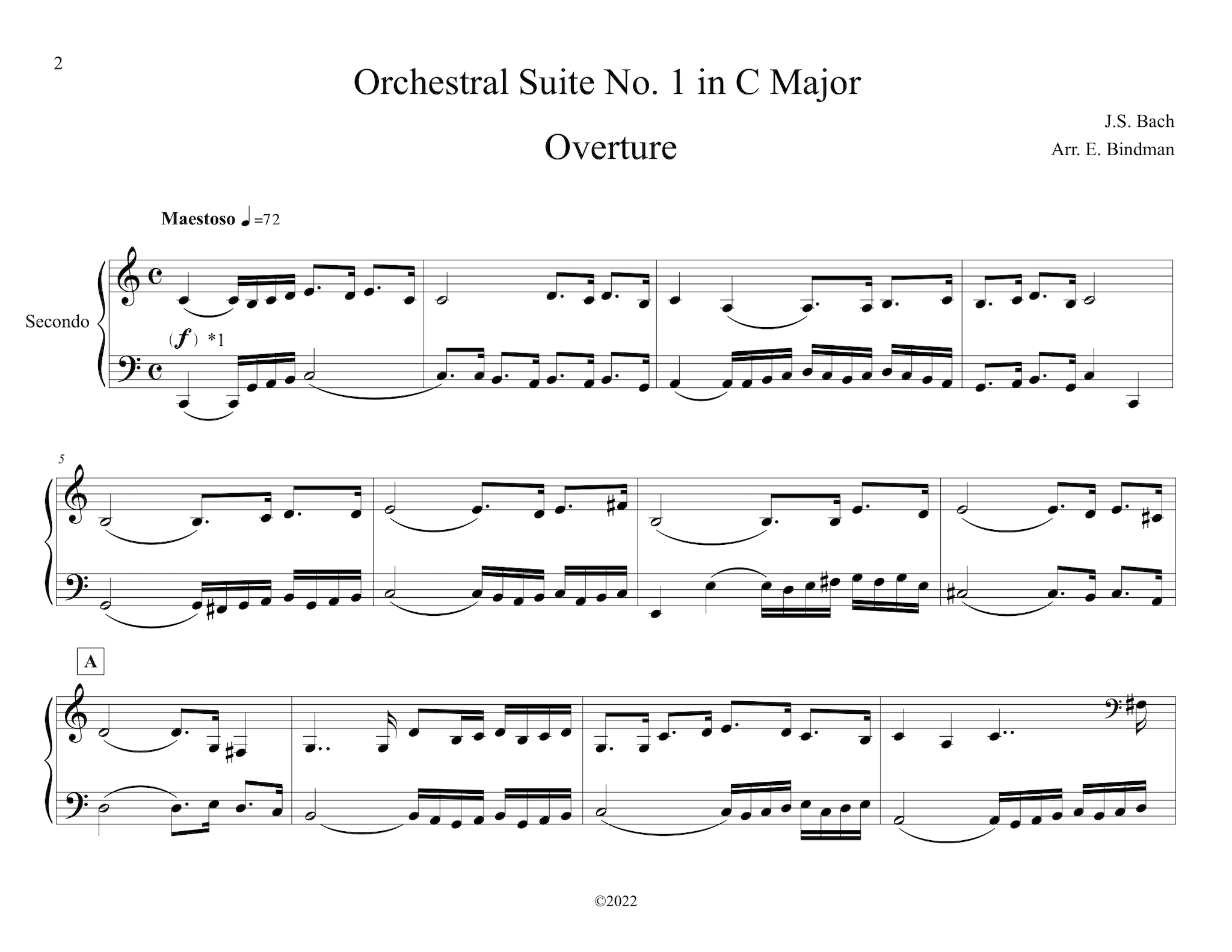 J.S. Bach: Orchestral Suite No. 1 In C Major, BWV 1066 arranged for piano duet by Eleonor Bindman (GPC083)