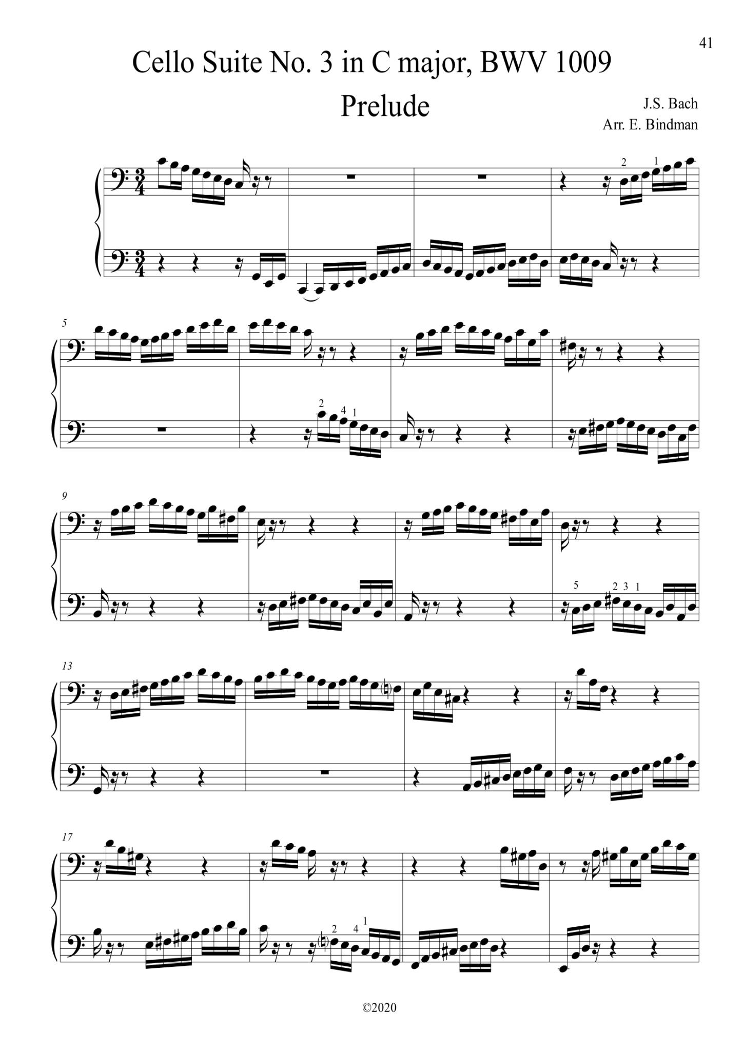 J.S. Bach: Cello Suite No. 3 in C major, BWV 1009 – arranged for piano by Eleonor Bindman (GPC077)